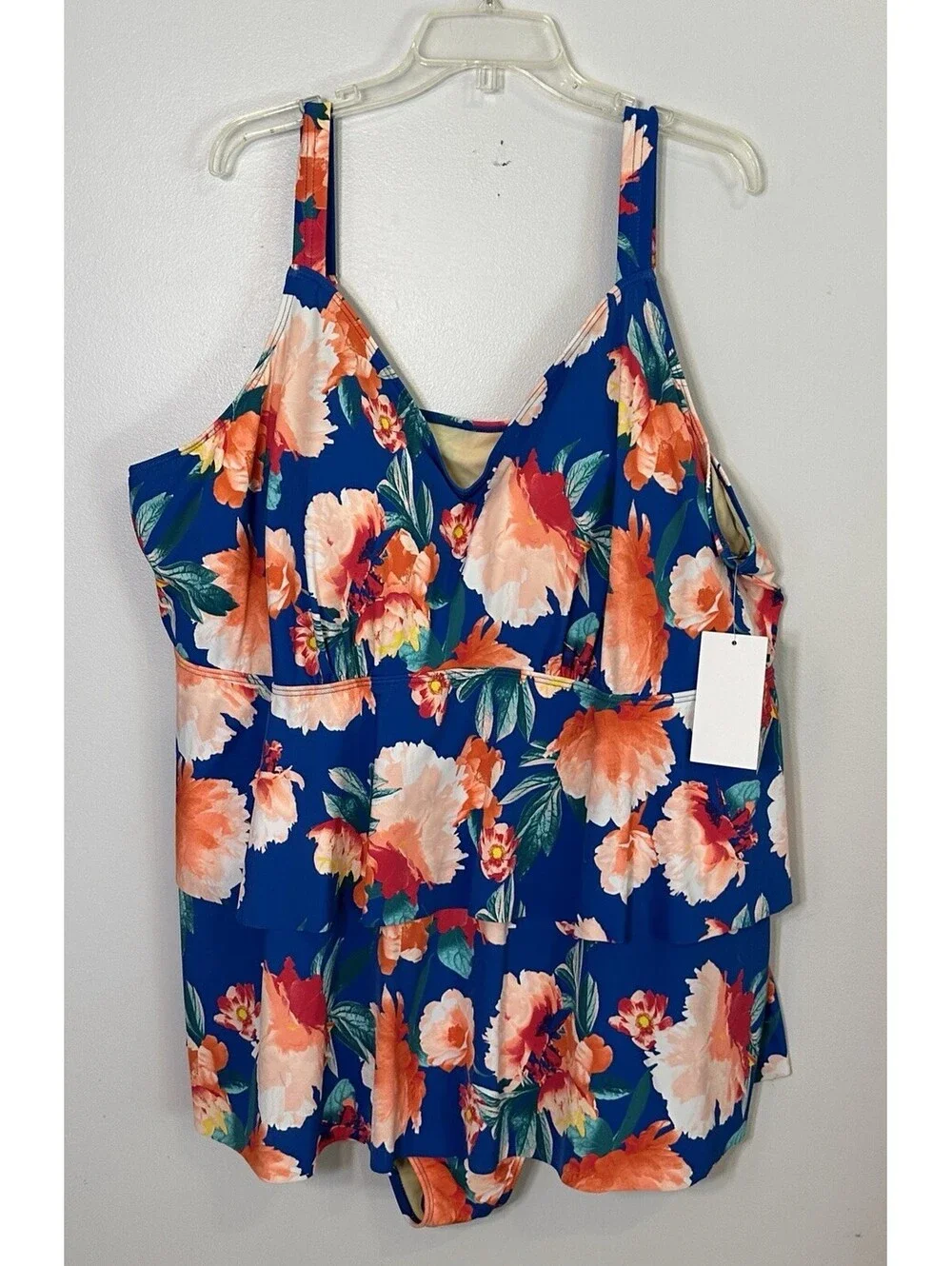 NWTS Swimsuits For All Blue Floral Tropical Print Slimming Swim Dress Size 32.